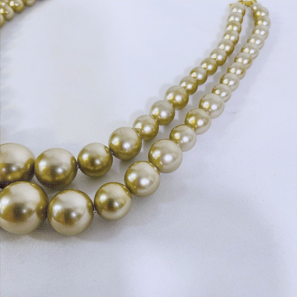 Vintage Gold Double Strand Faux Pearl Choker Necklace Chunky Graduated Hook 18in - Picture 4 of 15